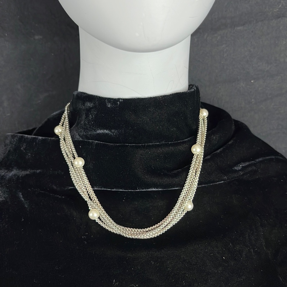 Five Strand Silver Tone Chain Choker w/Pearls